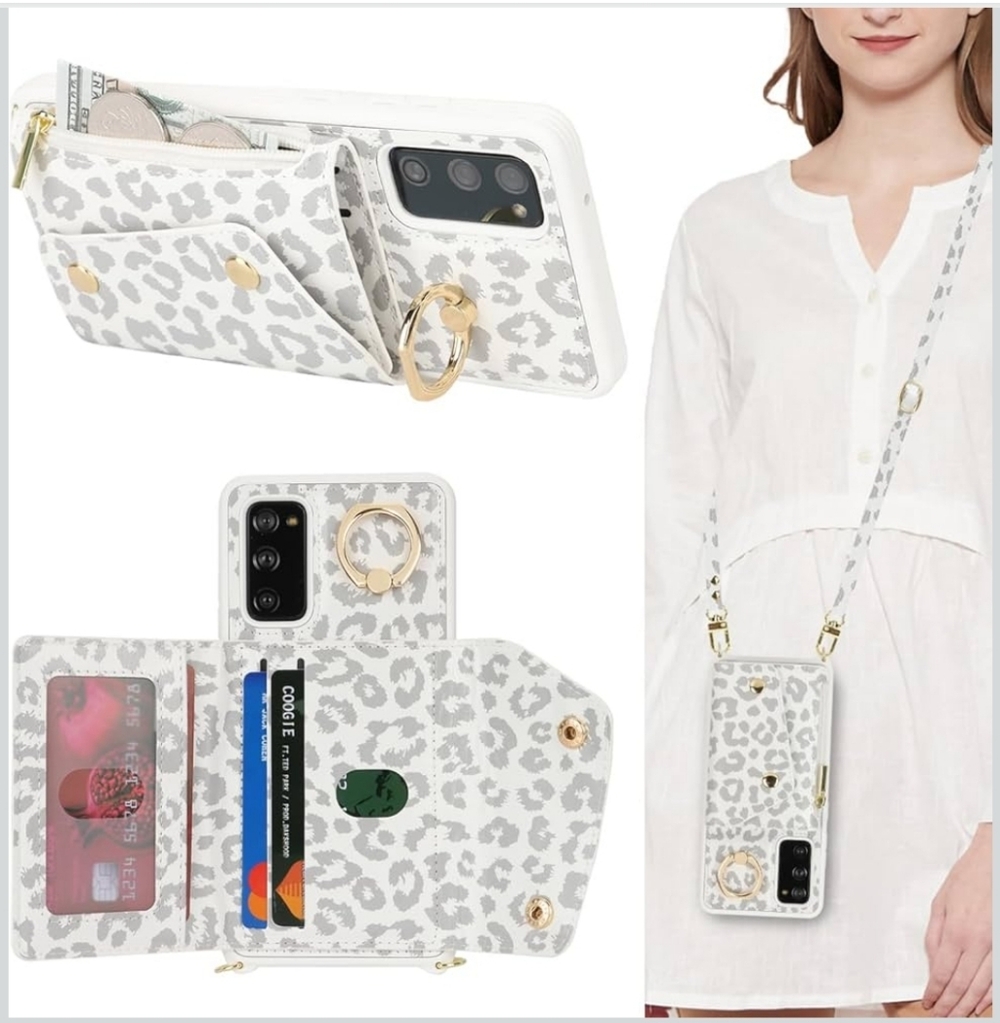 White and Gold Leopard Phone Case with Strap For Samsung Galaxy S20 Fe